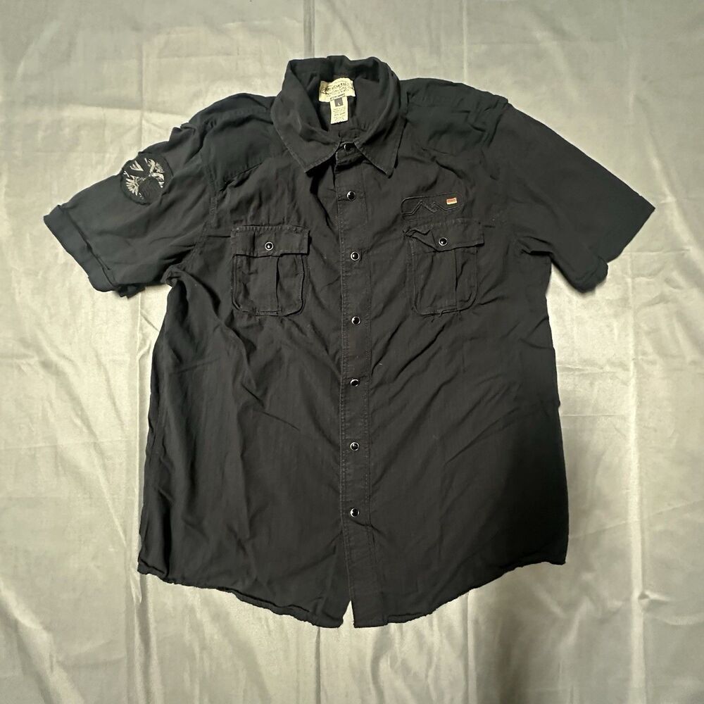American Rag Shirt Mens Large Pearl Snap Short Sleeve Black Embroidery Grunge